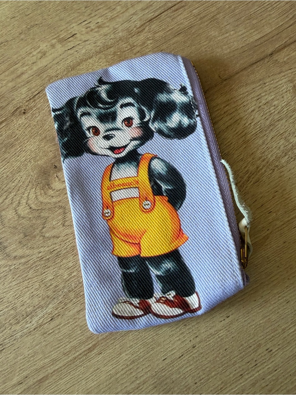 Lavender Kids Zip Wallet with Yellow Overalls Cartoon Pup